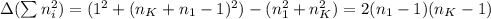 \Delta(\sum n_i^2)=(1^2+(n_K+n_1-1)^2)-(n_1^2+n_K^2)=2(n_1-1)(n_K-1)