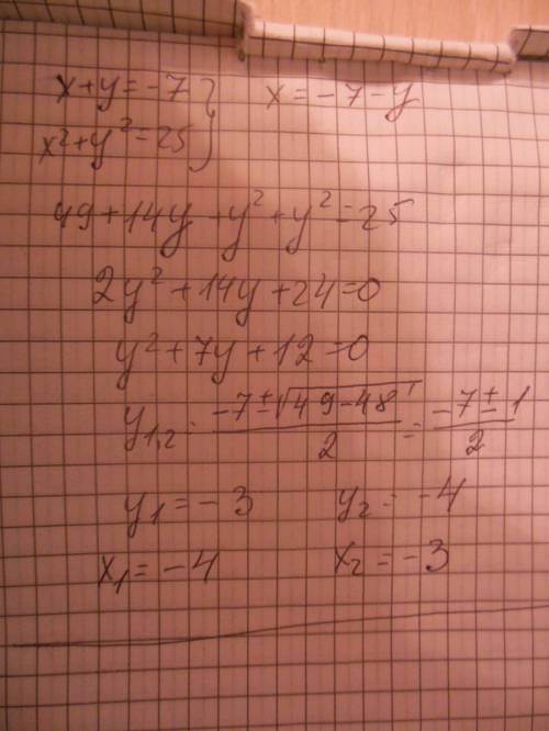 Решить систему уравнений методом подстановки x+y= -7 и x^2+y^2=25