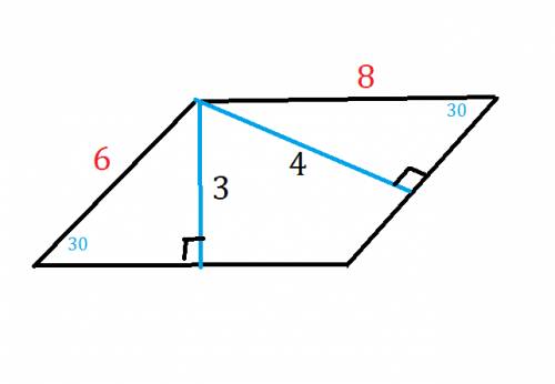 Стороны параллелограмма равен 30°,а высоты,проведенные из вершины тупого угла,равны 4 см и 3 см.найд