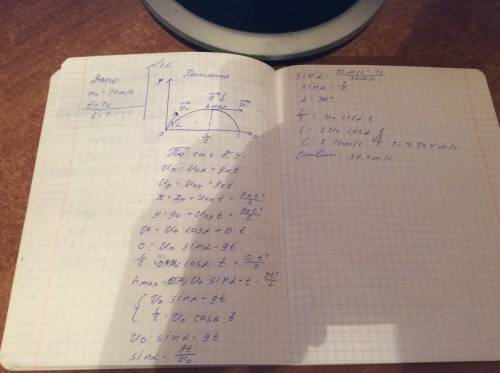 Тело брошено под углом к горизонту, со скоростью 20 м\с и через 1 с достигло наивысшей точки.определ
