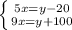 \left \{ {{5x=y-20} \atop {9x=y+100}} \right.