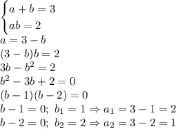 \begin{cases}a+b=3 \\ ab=2 \right \end{cases}&#10;\\\&#10;a=3-b&#10;\\\&#10;(3-b)b=2&#10;\\\&#10;3b-b^2=2&#10;\\\&#10;b^2-3b+2=0&#10;\\\&#10;(b-1)(b-2)=0&#10;\\\&#10;b-1=0; \ b_1=1\Rightarrow a_1=3-1=2&#10;\\\&#10;b-2=0; \ b_2=2\Rightarrow a_2=3-2=1