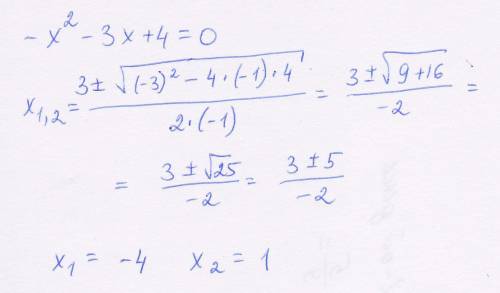 Решительно уравнения : -x^2-3x+4==0 выберите ответ : 1)x1=-4; x2=1. 2)x1= -1 ; x2=4 3)x=1 4)x1=-14;