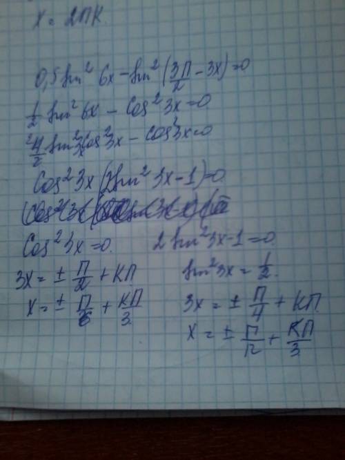 Решите уравнение 0,5 sin^2 6x-sin^2(3pi/2-3x)=0