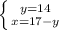 \left \{y=14} \atop {x = 17 - y}} \right.