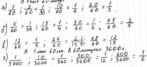 Какую часть часа составляют: а) 1 мин, 2 мин, 10 мин, 20 мин; б) 5 мин, 15 мин, 30 мин, 45 мин; в) 1