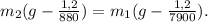 m_2(g- \frac{1,2}{880})=m_ 1(g- \frac{1,2}{7900}).