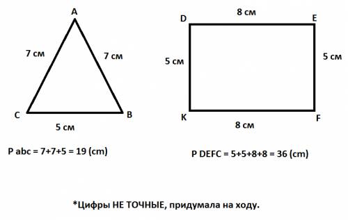 Начерти треугольник abc. измерь его стороны и найди периметр. выполни то же для четырехугольника def