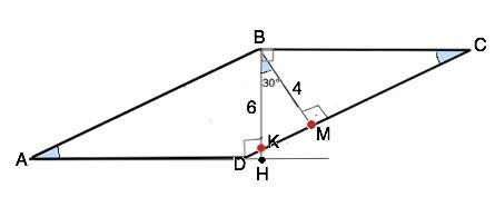 Высоты параллелограмма равны 4 см и 6 см,угол между ними равен 30°. найдите площадь параллелограмма.