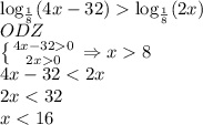 \log_{\frac{1}{8}}(4x-32)\log_{\frac{1}{8}}(2x)\\ODZ\\\left \{ {{4x-320} \atop {2x0}} \right.\Rightarrow x8\\4x-32