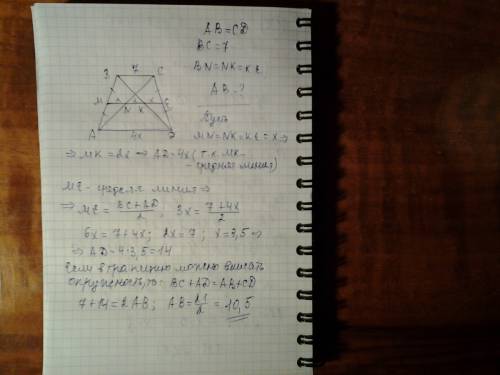 :диагонали равнобедренной трапеции делят среднюю линию на три равные отрезки. найдите боковую сторон