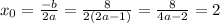 x_{0} = \frac{-b}{2a} = \frac{8}{2(2a-1)} = \frac{8}{4a-2} = 2