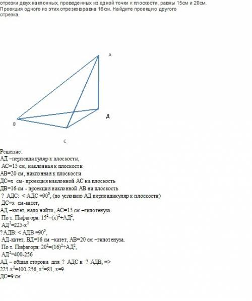 Отрезки двух наклонных, проведенных из одной точки к плоскости, равны 15см и 20см. проекция одного и