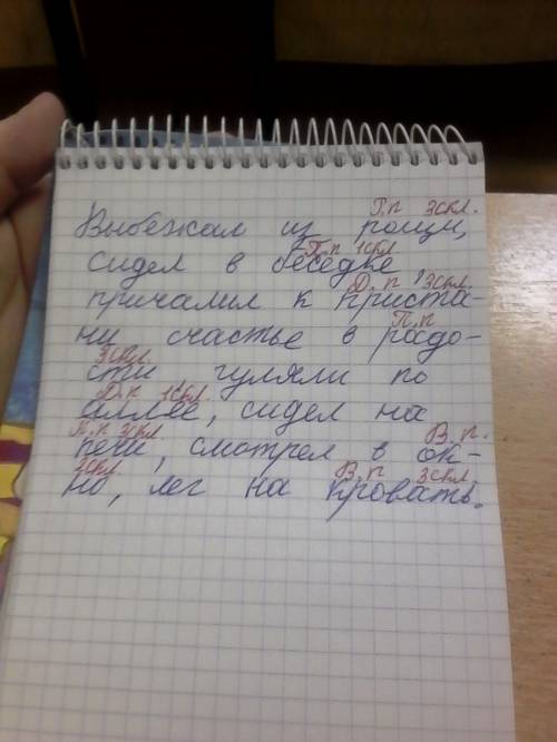 Какое склонение и падеж у выбежал из рощи, сидел в беседке, причалил к пристани, счастье в радости,