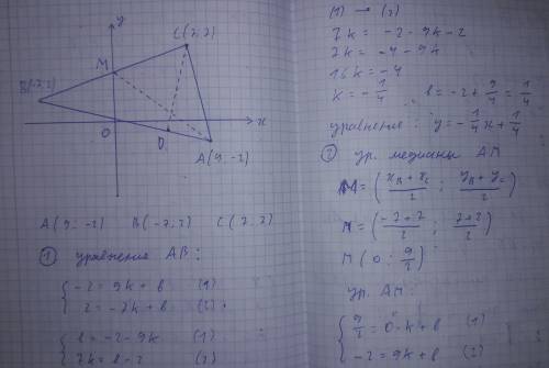 Даны вершины треугольника авс: а(9; -2), в(-7; 2), с(7; 7) для решения построить чертеж. найти: 1) у