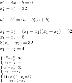 x^2-8x+b=0 \\ x_1^2-x_2^2=32 \\ \\ a^2-b^2=(a-b)(a+b) \\ \\ x_1^2-x_2^2=(x_1-x_2)(x_1+x_2)=32 \\ x_1+x_2=8 \\ 8(x_1-x_2)=32 \\ x_1-x_2= 4 \\ \\ \left \{ {{ x_1^2-x_2^2=32} \atop {x_1-x_2= 4 }} \right. \\ \left \{ {{ x_1^2-x_2^2=32} \atop {x_1= 4 +x_2}} \right. \\ \left \{ {{ (4 +x_2)^2-x_2^2=32} \atop {x_1= 4 +x_2}} \right. \\