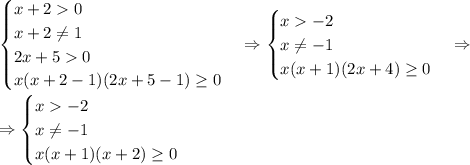 \begin {cases} x+20\\ x+2\neq 1\\ 2x+50 \\ x(x+2-1)(2x+5-1)\geq 0 \end {cases}\Rightarrow \begin {cases} x-2\\ x\neq -1\\ x(x+1)(2x+4)\geq 0 \end {cases}\Rightarrow\\ \Rightarrow \begin {cases} x-2\\ x\neq -1\\ x(x+1)(x+2)\geq 0 \end {cases}