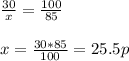 \frac{30}{x} = \frac{100}{85} \\ \\ x= \frac{30*85}{100} =25.5p