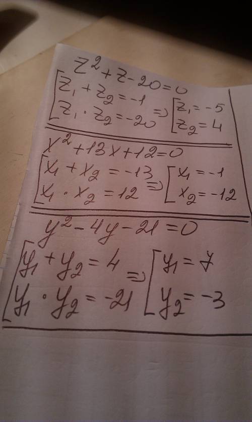 Решите квадратное уравнение подбором корней: z^2+z-20=0; x^2+13x+12+0; y^2-4y-21=0. решить по 8 клас