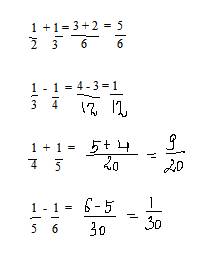 1) вычислите: 1/2 + 1/3 ; 1/3 - 1/4 ; 1/4 + 1/5 ; 1/5 - 1/6 ;