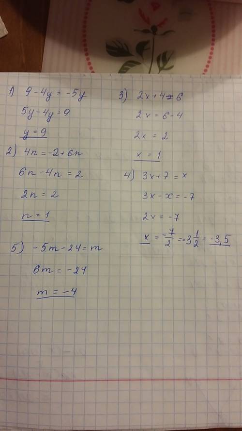 Решить: найдите корни уравнений 1) 9-4y= -5y 2) 4n=-2+6n 3) 2x+4=6 4) 3x +7=x 5) -5m-24=m 6) -16-m=-