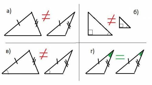 1) два треугольника равны если: а) две стороны 1 треугольника равны двум сторонам другого треугольни