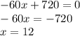 -60x+720=0\\-60x=-720\\x=12