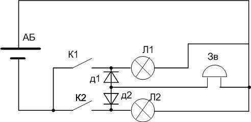 Начертите схему электрической цепи, содержащей источник тока, две электрические лампы, два ключа и о