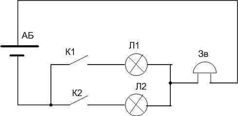 Начертите схему электрической цепи, содержащей источник тока, две электрические лампы, два ключа и о