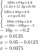 \left \{ {{100x+84y=4.8} \atop {11.2x + 11.2y = 0.56}} \right. \\&#10; \left \{ {{100x+84y=4.8} \atop {x+y=0.05}} \right. \\&#10; \left \{ {{100x+84y=4.8} \atop {-100x-100y=-5}} \right. \\&#10;-16y = -0.2 \\&#10;y = 0.0125 \\&#10;x = 0.05 - 0.0125 \\ &#10;x = 0.0375