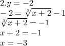 2. y=-2\\-2=\sqrt[3]{x+2}-1\\\sqrt[3]{x+2}=-1\\x+2=-1\\x=-3\\