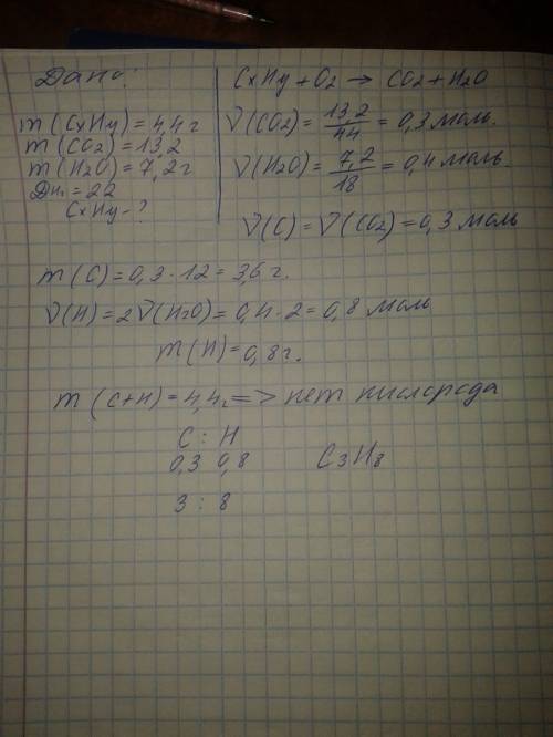 При сжигании 4.4 углевода образовалось 13,2 оксида углевода (iv) и 7,2 г воды. плотность вещества по