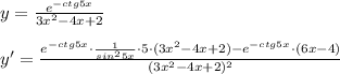 y=\frac{e^{-ctg5x}}{3x^2-4x+2}\\\\y'= \frac{e^{-ctg5x}\cdot \frac{1}{sin^25x} \cdot 5\cdot (3x^2-4x+2)-e^{-ctg5x}\cdot (6x-4)}{(3x^2-4x+2)^2}