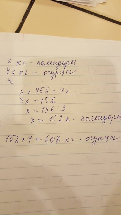 Помидоров собрали на 456 кг меньше,чем огурцов.сколько кг огурцов собрали,если их масса в 4 раза бол