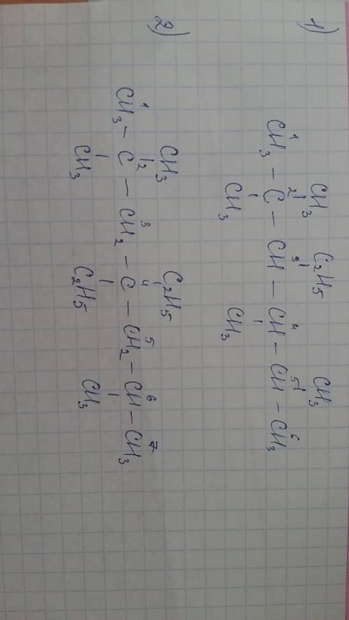 Составить структурные формулы 1) 2,2,4,5 тетраметил,3 этилогексан 2) 2,2,6 триметил,4,4 диэтилгептае