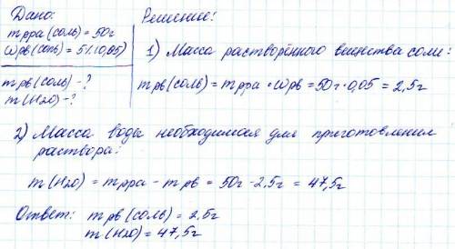 Сколько граммов безводной соли и воды надо взять чтобы получить 50г 5 процентного раствора соды