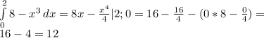 \int\limits^2_0 {8-x^3} \, dx = 8x-\frac{x^4}{4} |2;0 = 16- \frac{16}{4}-(0*8- \frac{0}{4}) = \\&#10;16-4=12