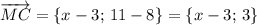 \overrightarrow{MC}=\{x-3;\,11-8\}=\{x-3;\,3\}