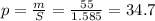 p= \frac{m}{S} = \frac{55}{1.585} =34.7