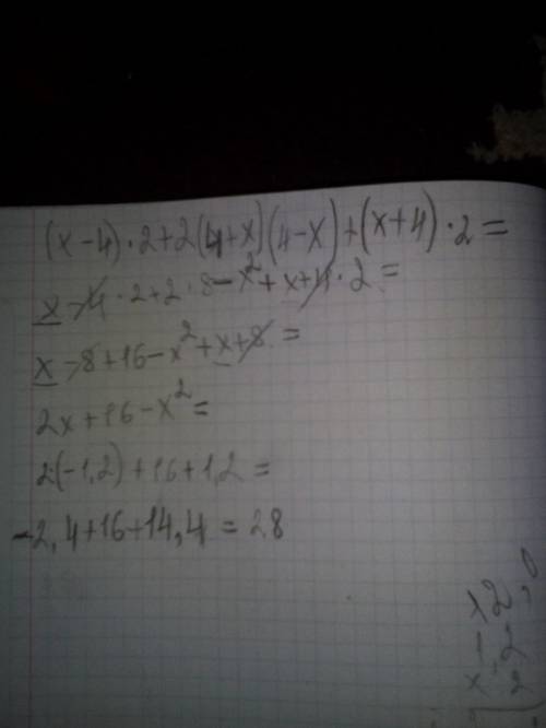 Найдите значение выражение (x-4)^2+2 (4+x)(4-×)+(x+4)^2 при x=-1,2.