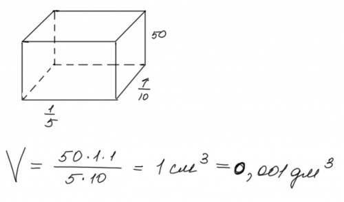 Длина прямоугольника параллелепипеда равна 1/5 сантиметров ширина одной 1/10 метров а высота 50 сант