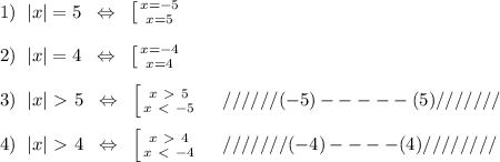 1)\; \; |x|=5\; \; \Leftrightarrow \; \; \left [ {{x=-5} \atop {x=5}} \right. \\\\2)\; \; |x|=4\; \; \Leftrightarrow \; \; \left [ {{x=-4} \atop {x=4}} \right. \\\\3)\; \; |x|\ \textgreater \ 5\; \; \Leftrightarrow \; \; \left [ {{x\ \textgreater \ 5} \atop {x\ \textless \ -5}} \; \; \; \; \right. //////(-5)-----(5)///////\\\\4)\; \; |x|\ \textgreater \ 4\; \; \Leftrightarrow \; \; \left [ {{x\ \textgreater \ 4} \atop {x\ \textless \ -4}} \right. \; \; \; \; ///////(-4)----(4)////////