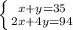 \left \{ {{x+y=35} \atop {2x+4y=94}} \right.