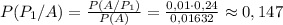 P(P_1/A)= \frac{P(A/P_1)}{P(A)}= \frac{0,01\cdot0,24}{0,01632} \approx 0,147