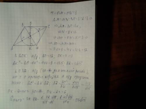 Окружность радиуса 3, вписанная в ромб, делит одну из диагоналей на отрезки длины которых относятся