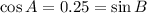 \cos A=0.25=\sin B