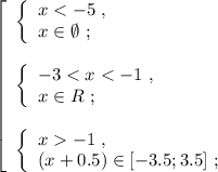 \left[\begin{array}{l} \left\{\begin{array}{l} x < -5 \ , \\ x \in \emptyset \ ; \end{array}\right \\\\ \left\{\begin{array}{l} -3 < x < -1 \ , \\ x \in R \ ; \end{array}\right \\\\ \left\{\begin{array}{l} x -1 \ , \\ ( x + 0.5 ) \in [ -3.5 ; 3.5 ] \ ; \end{array}\right \end{array}\right