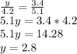 \frac{y}{4.2} = \frac{3.4}{5.1} \\ 5.1y = 3.4*4.2 \\ 5.1y = 14.28 \\ y = 2.8