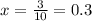 x= \frac{3}{10}=0.3