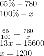 65\% - 780 \\ 100\% - x \\\\ \frac{65}{100} = \frac{780}{x} \\ 13x = 15600 \\ x = 1200